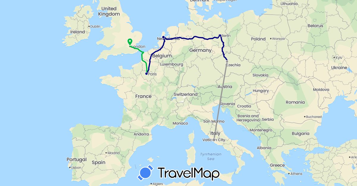 TravelMap itinerary: driving, bus, plane in Czech Republic, Germany, France, United Kingdom, Italy, Netherlands (Europe)